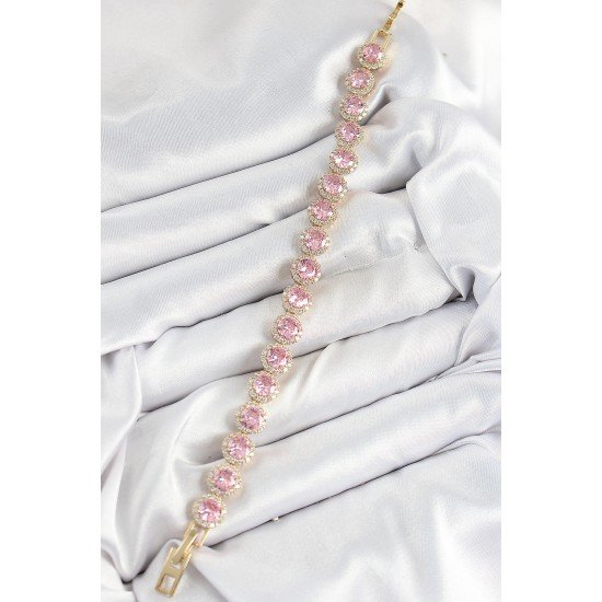 Pirinç Pembe Zirkon Taşlı Daire Baget Model Gold Renk VIP Seri Kadın Bileklik