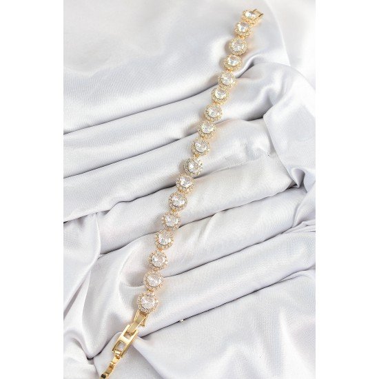 Pirinç Zirkon Taşlı Daire Baget Model Gold Renk VIP Seri Kadın Bileklik