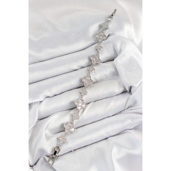 Pirinç Zirkon Taşlı Yonca Model Gümüş Renk VIP Seri Kadın Bileklik