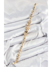 Pirinç Zirkon Taşlı Kalp Detaylı Çiçek Model Gold Renk Kadın Bileklik