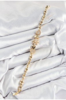 Pirinç Zirkon Taşlı Kalp Detaylı Çiçek Model Gold Renk Kadın Bileklik