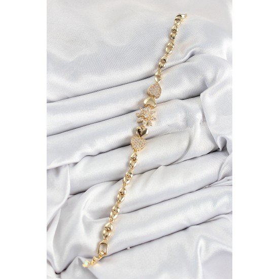 Pirinç Zirkon Taşlı Kalp Detaylı Çiçek Model Gold Renk Kadın Bileklik