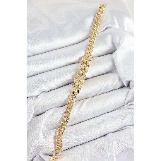 Pirinç Zirkon Taşlı Küba Zincir Model Gold Renk Kadın Bileklik Pirinç Zirkon Taşlı Küba Zincir Model Gold Renk Kadın Bileklik