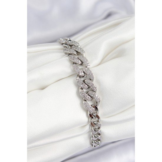 Pirinç Zirkon Taşlı Küba Zincir Model Gümüş Renk Kadın Bileklik Pirinç Zirkon Taşlı Küba Zincir Model Gümüş Renk Kadın Bileklik