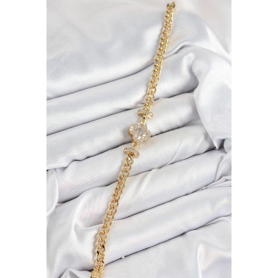 Pirinç Zirkon Taşlı Yonca Model Gold Renk Kadın Bileklik