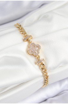 Pirinç Zirkon Taşlı Yonca Model Gold Renk Kadın Bileklik