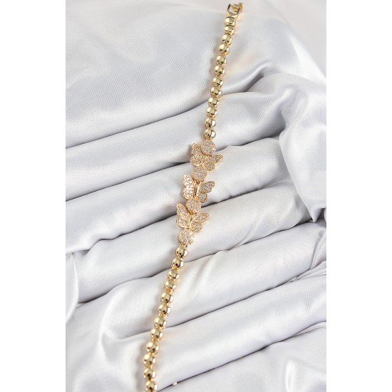 Pirinç Zirkon Taşlı Kelebek Model Gold Renk Kadın Bileklik