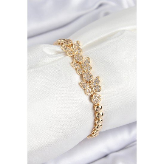 Pirinç Zirkon Taşlı Kelebek Model Gold Renk Kadın Bileklik