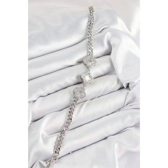 Pirinç Zirkon Taşlı Yonca Model Gümüş Renk Kadın Bileklik