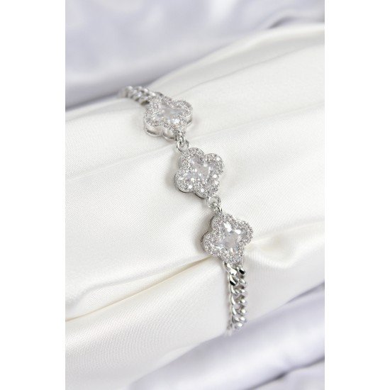 Pirinç Zirkon Taşlı Yonca Model Gümüş Renk Kadın Bileklik