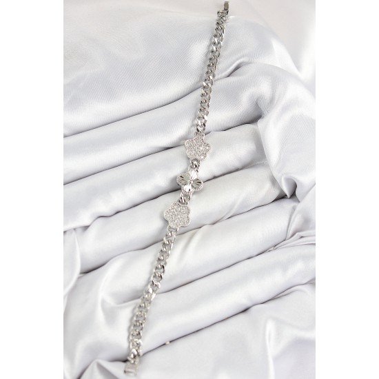 Pirinç Zirkon Taşlı Yonca Model Gümüş Renk Kadın Bileklik