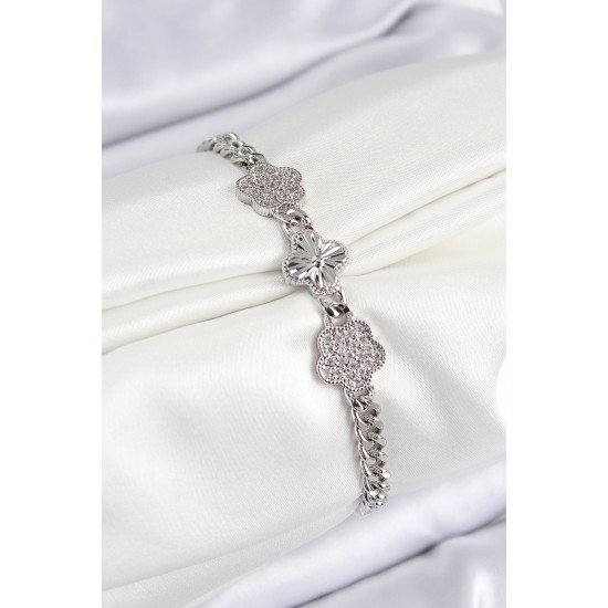 Pirinç Zirkon Taşlı Yonca Model Gümüş Renk Kadın Bileklik