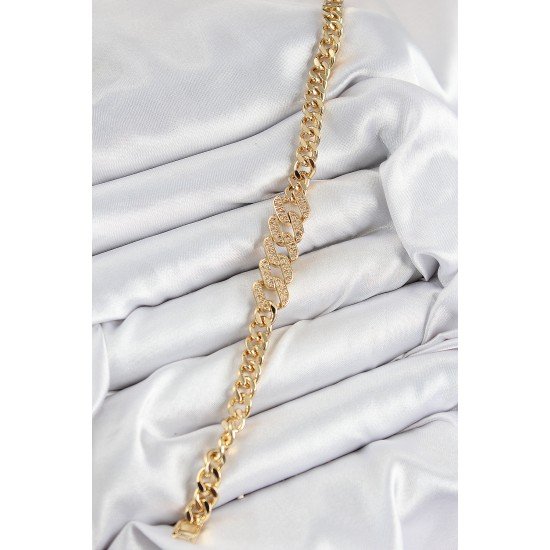 Pirinç Zirkon Taşlı Ezme Küba Zincir Model Gold Renk Kadın Bileklik Pirinç Zirkon Taşlı Ezme Küba Zincir Model Gold Renk Kadın Bileklik