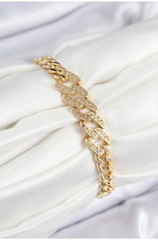 Pirinç Zirkon Taşlı Ezme Küba Zincir Model Gold Renk Kadın Bileklik