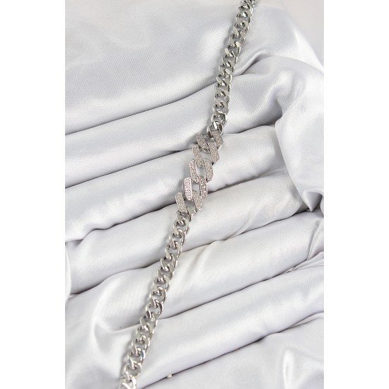 Pirinç Zirkon Taşlı Ezme Küba Zincir Model Gümüş Renk Kadın Bileklik Pirinç Zirkon Taşlı Ezme Küba Zincir Model Gümüş Renk Kadın Bileklik