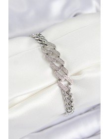 Pirinç Zirkon Taşlı Ezme Küba Zincir Model Gümüş Renk Kadın Bileklik