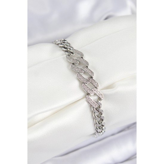 Pirinç Zirkon Taşlı Ezme Küba Zincir Model Gümüş Renk Kadın Bileklik Pirinç Zirkon Taşlı Ezme Küba Zincir Model Gümüş Renk Kadın Bileklik