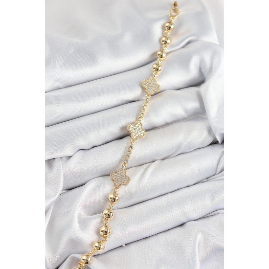 Pirinç Zirkon Taşlı Yonca Model Gold Renk Kadın Bileklik