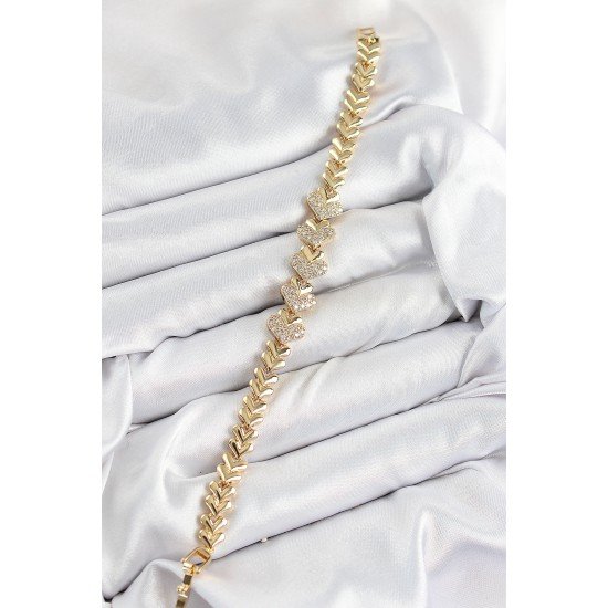 Pirinç Zirkon Taşlı Kalp Model Gold Renk Kadın Bileklik