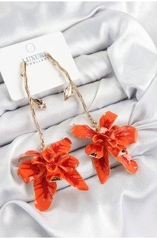 Pirinç Sallantılı Turuncu Çiçek Model Gold Renk Kadın Küpe