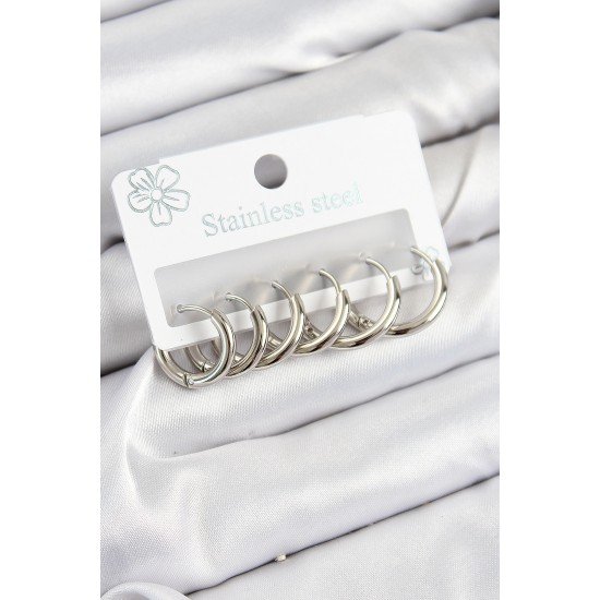 316L Çelik Halka Model Gümüş Renk 3'lü Set Kadın Küpe