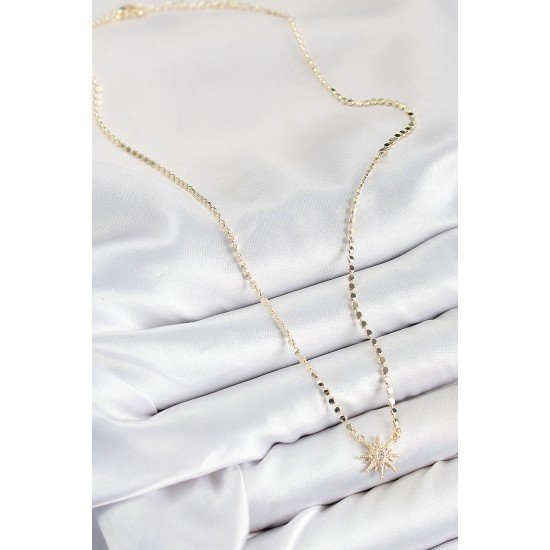 Pirinç Zirkon Taşlı Kutup Yıldızı Model Ezme Zincir Gold Renk Kadın Kolye