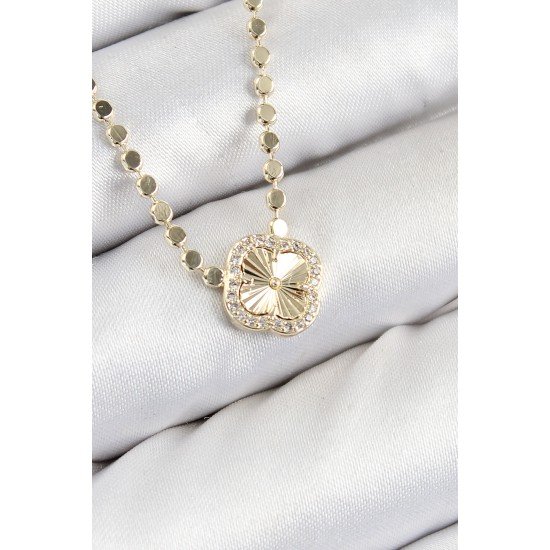 Pirinç Zirkon Taşlı Yonca Model Ezme Zincir Gold Renk Kadın Kolye