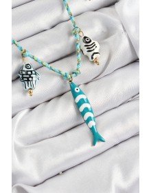 Seramik Motifli Balık Figürlü Model Mavi İp Kadın Kolye
