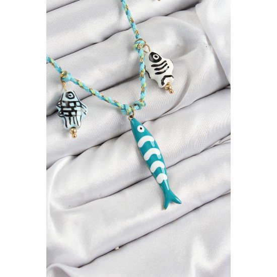 Seramik Motifli Balık Figürlü Model Mavi İp Kadın Kolye