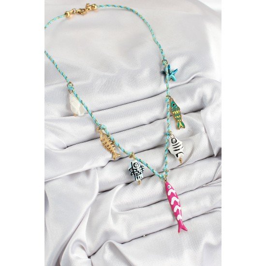 Seramik Motifli Pembe Balık Figürlü Model Mavi İp Kadın Kolye