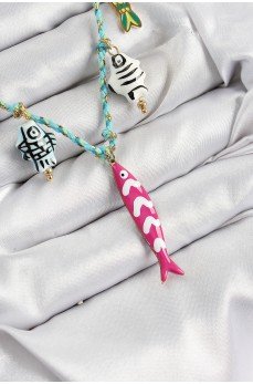 Seramik Motifli Pembe Balık Figürlü Model Mavi İp Kadın Kolye