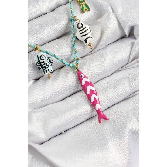 Seramik Motifli Pembe Balık Figürlü Model Mavi İp Kadın Kolye