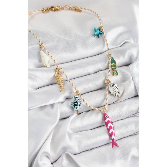 Seramik Motifli Pembe Balık Figürlü Model Krem İp Kadın Kolye Seramik Motifli Pembe Balık Figürlü Model Krem İp Kadın Kolye