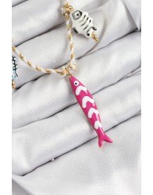Seramik Motifli Pembe Balık Figürlü Model Krem İp Kadın Kolye