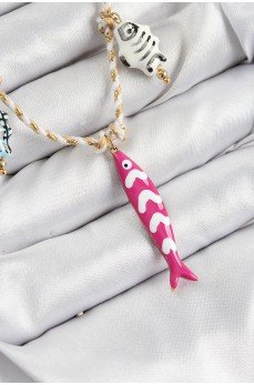 Seramik Motifli Pembe Balık Figürlü Model Krem İp Kadın Kolye