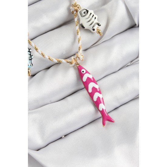 Seramik Motifli Pembe Balık Figürlü Model Krem İp Kadın Kolye Seramik Motifli Pembe Balık Figürlü Model Krem İp Kadın Kolye