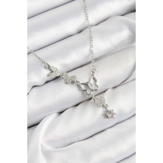 316L Çelik Zirkon Taşlı Kelebek Model Gümüş Renk Kadın Kolye