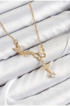 316L Çelik Zirkon Taşlı Kelebek Model Gold Renk Kadın Kolye