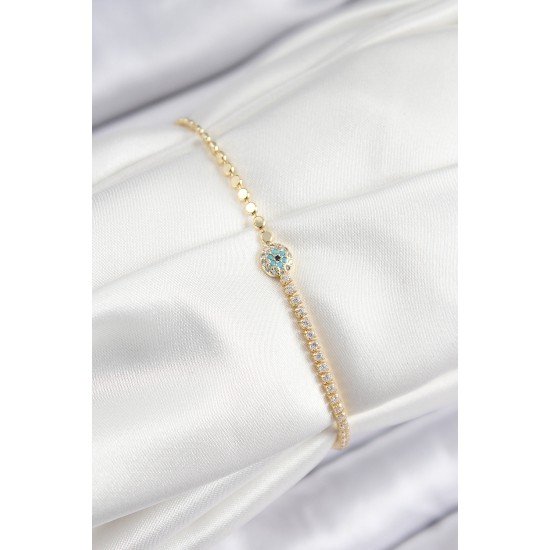 Pirinç Zirkon Taşlı Nazar Model Ezme Zincir Gold Renk Kadın Bileklik Pirinç Zirkon Taşlı Nazar Model Ezme Zincir Gold Renk Kadın Bileklik