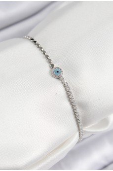 Pirinç Zirkon Taşlı Nazar Model Ezme Zincir Gümüş Renk Kadın Bileklik