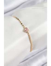 Pirinç Zirkon Taşlı Kalp Model Ezme Zincir Gold Renk Kadın Bileklik