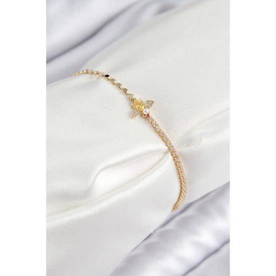 Pirinç Zirkon Taşlı Arı Model Ezme Zincir Gold Renk Kadın Bileklik