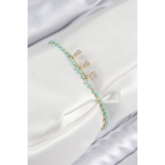 Pirinç Zirkon Taşlı Mavi Boncuklu Model Gold Renk Kadın Bileklik