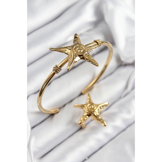 Pirinç Deniz Yıldızı Model Gold Renk Bileklik Yüzük Set