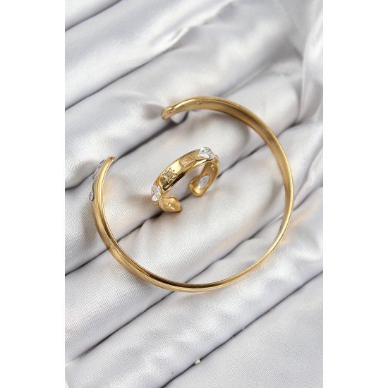 Pirinç Zirkon Taşlı Ayrık Model Gold Renk Bileklik Yüzük Set