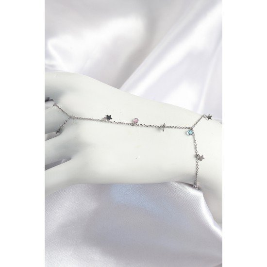 Pirinç Renkli Zirkon Taşlı Sallantılı Yıldızlı Model Gümüş Renk Kadın Şahmeran