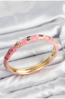 Mineli Pirinç Pembe Çiçek Motifli Gold Kadın Kelepçe