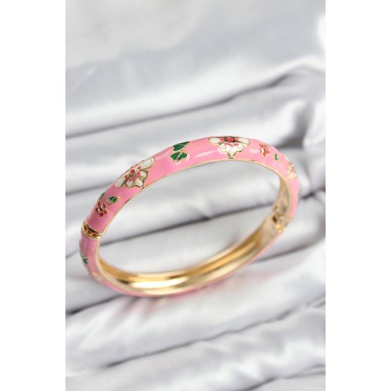 Mineli Pirinç Pembe Çiçek Motifli Gold Kadın Kelepçe