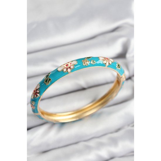 Mineli Pirinç Mavi Çiçek Motifli Gold Kadın Kelepçe