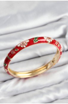 Mineli Pirinç Kırmızı Çiçek Motifli Gold Kadın Kelepçe